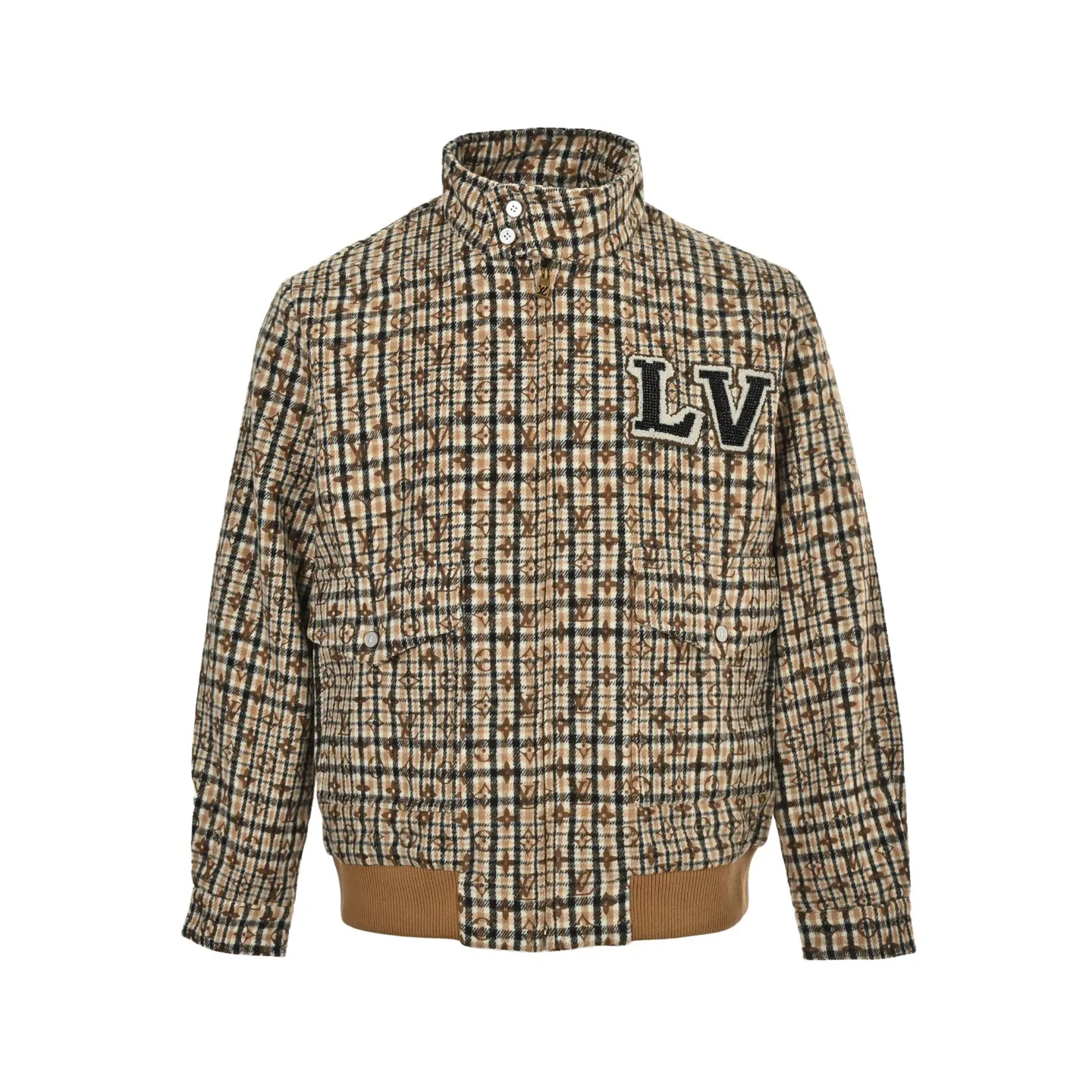 Louis Vuitton jacket with embroidered badges and all-over monogram print.